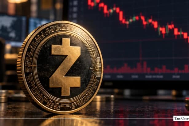 Physical Zcash coin standing in front of a red market chart