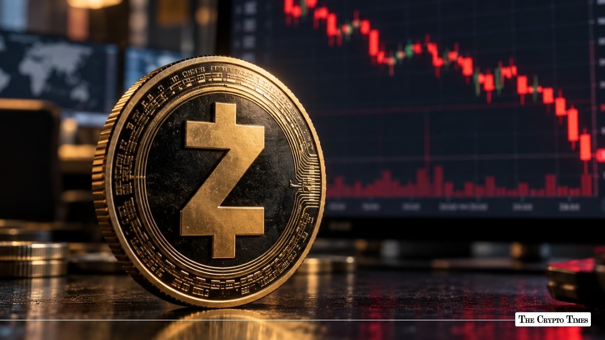 Physical Zcash coin standing in front of a red market chart