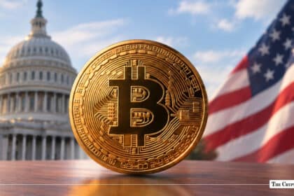 Physical gold Bitcoin (BTC) token standing in front of the US Capitol Building and the American flag