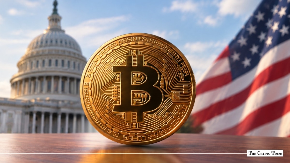 Physical gold Bitcoin (BTC) token standing in front of the US Capitol Building and the American flag
