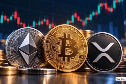 Physical Ethereum, Bitcoin, and XRP coins standing in front of a market chart
