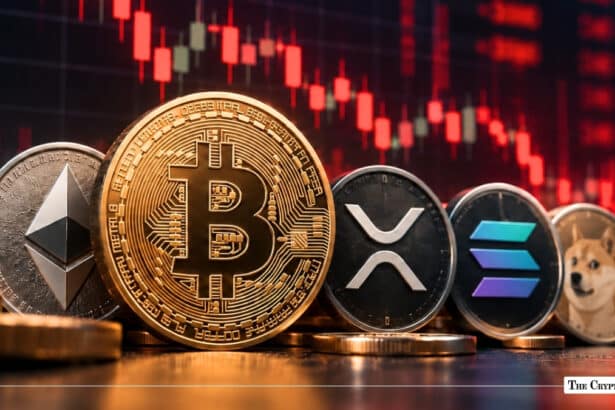 Physical Ethereum, Bitcoin, XRP, Solana, and Dogecoin coins in front of a red market chart