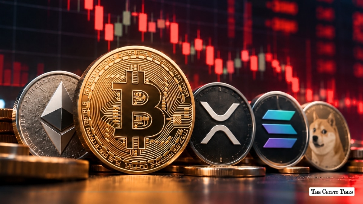 Physical Ethereum, Bitcoin, XRP, Solana, and Dogecoin coins in front of a red market chart