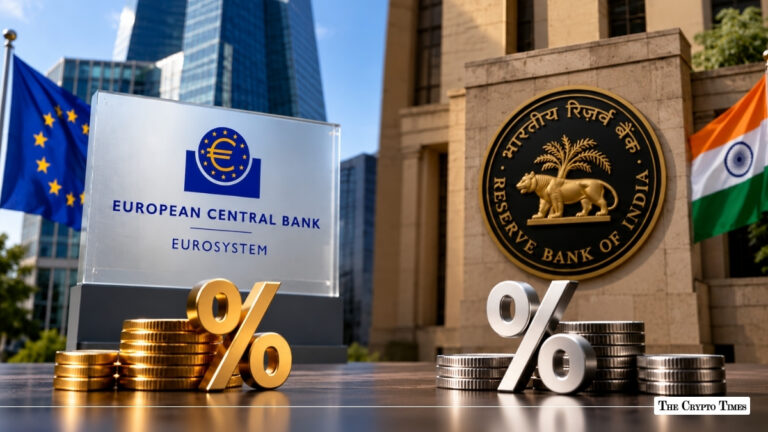 European Central Bank and Reserve Bank of India logos with percentage symbols and stacked coins