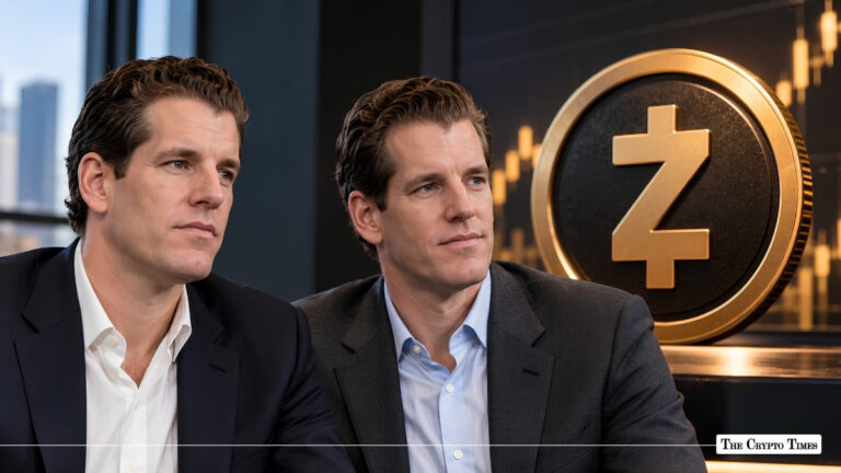 Tyler and Cameron Winklevoss seated in front of a large golden Zcash medallion.