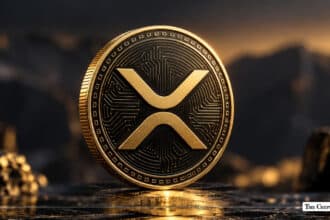 Physical gold XRP token standing on a dark reflective surface against a rugged landscape background