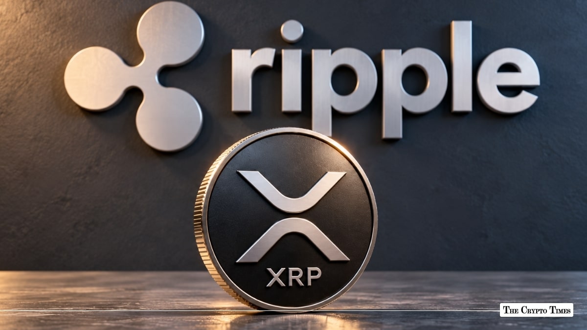 Physical XRP coin displayed in front of a metallic Ripple logo