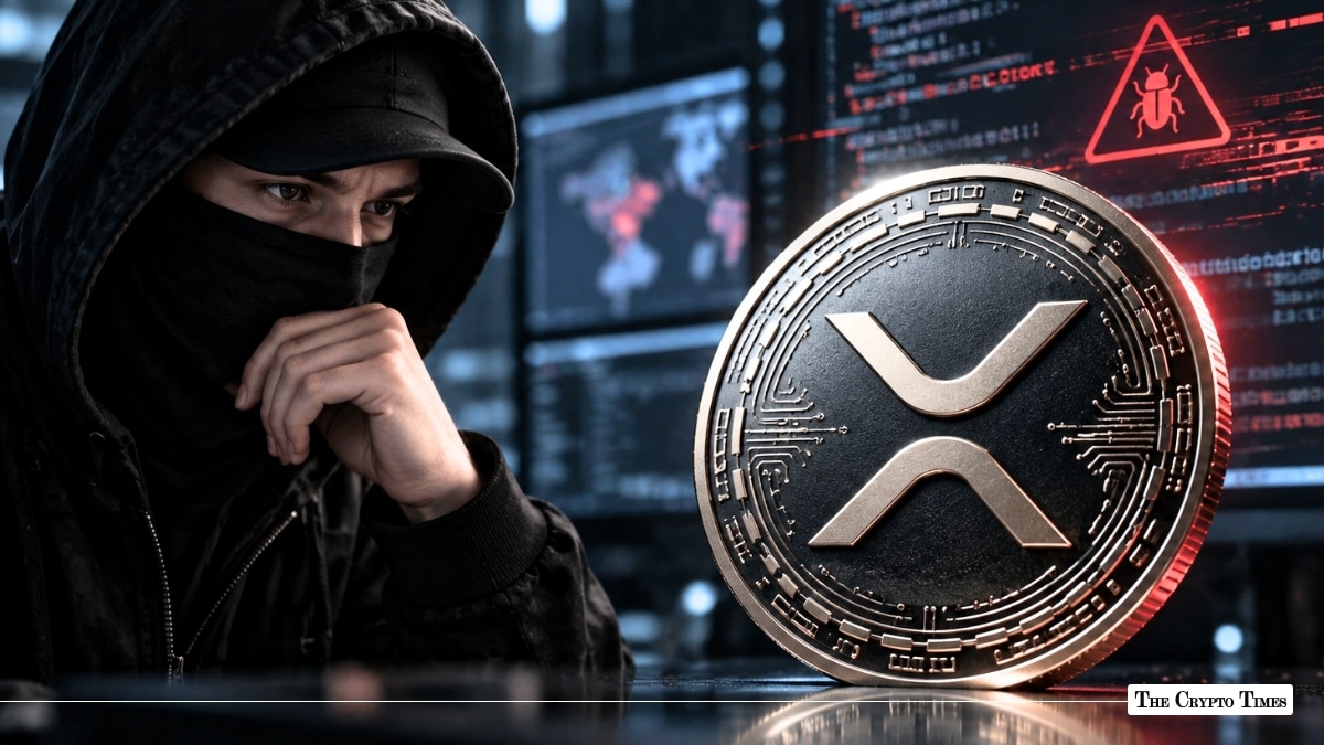 XRP token coin next to a hooded hacker and cyber threat security alert
