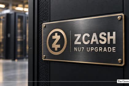Zcash NU7 Upgrade metallic plaque mounted on data center server rack representing network privacy and scalability hard fork