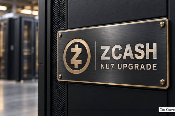Zcash NU7 Upgrade metallic plaque mounted on data center server rack representing network privacy and scalability hard fork