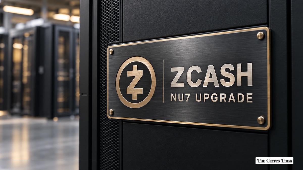 Zcash NU7 Upgrade metallic plaque mounted on data center server rack representing network privacy and scalability hard fork