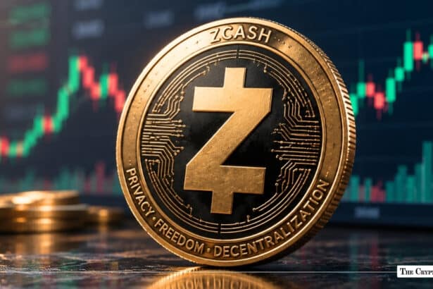 Gold Zcash (ZEC) physical coin in front of a digital trading chart