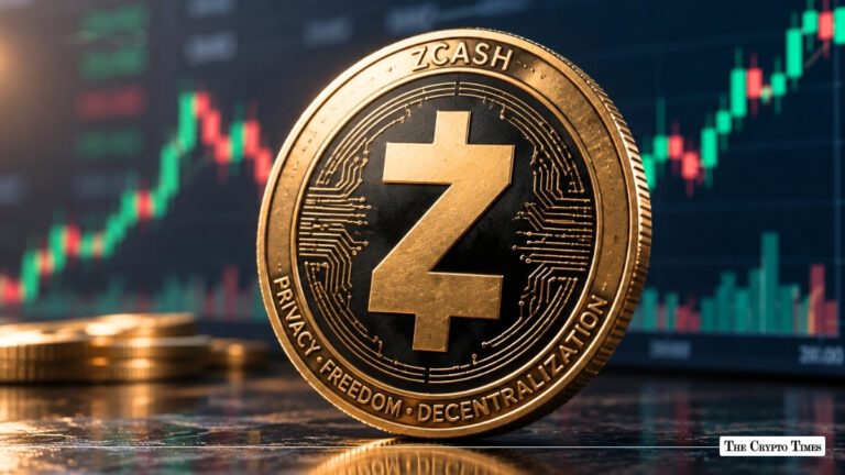 Gold Zcash (ZEC) physical coin in front of a digital trading chart
