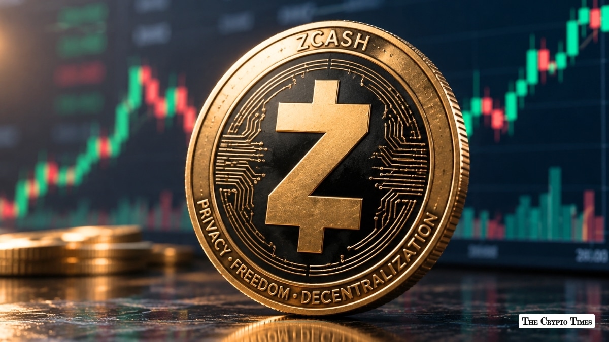 Gold Zcash (ZEC) physical coin in front of a digital trading chart