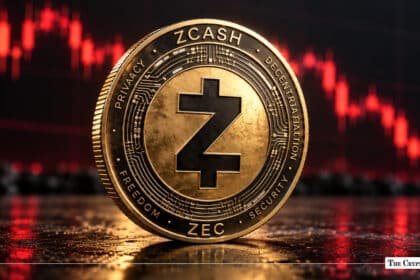Gold Zcash ZEC coin in front of a red bearish market chart