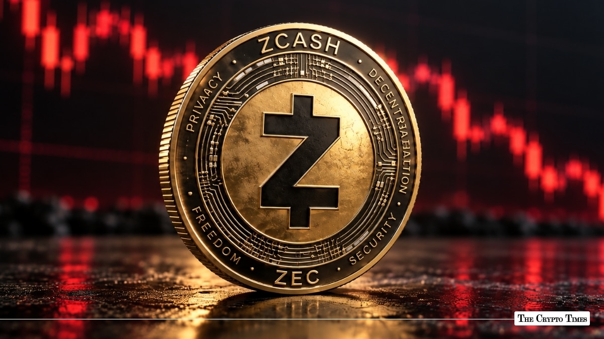 Gold Zcash ZEC coin in front of a red bearish market chart