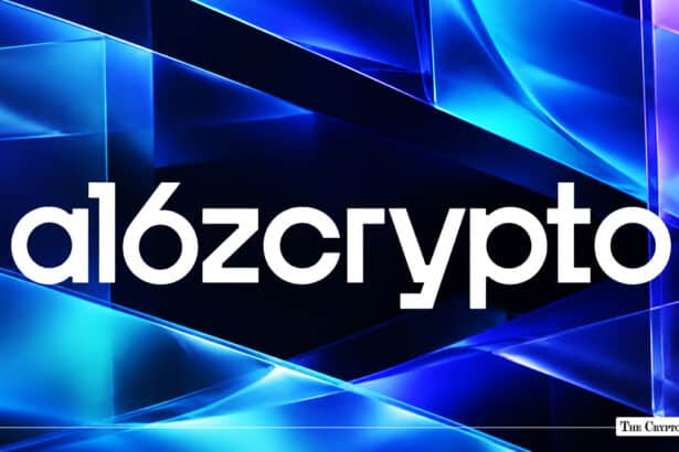 a16z crypto logo and wordmark over an abstract blue geometric glass background.