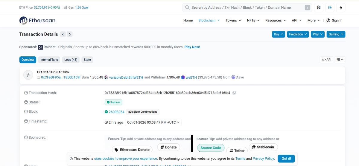 Transaction showing the withdrawal of 1,306.48 weETH