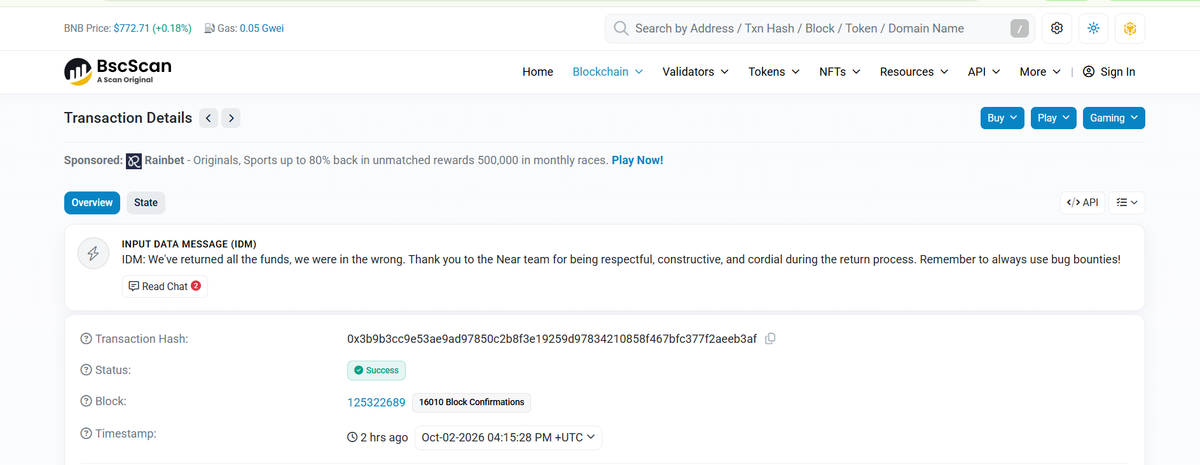 Transaction details show a successful BNB Chain transaction